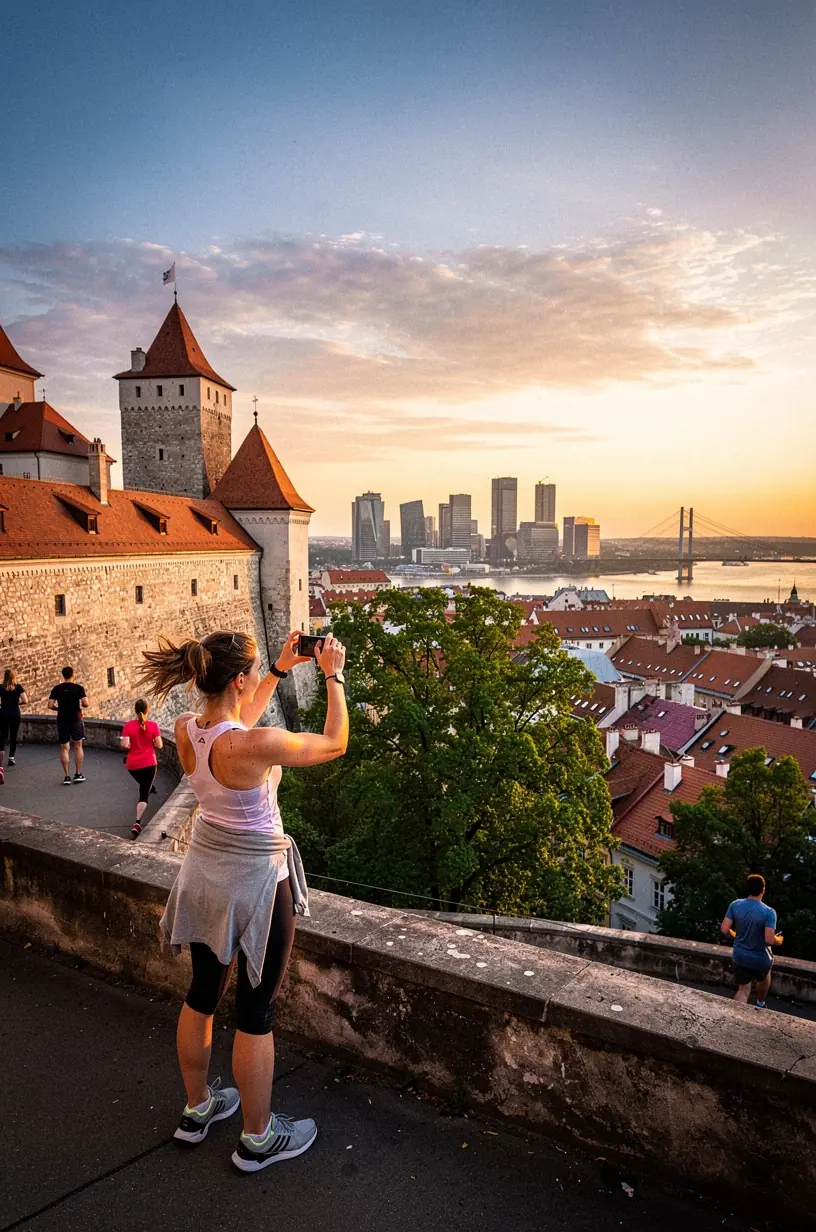 Úzke uličky historickej štvrte Bratislavy s kamennými domami a kaviarňami na rohoch.